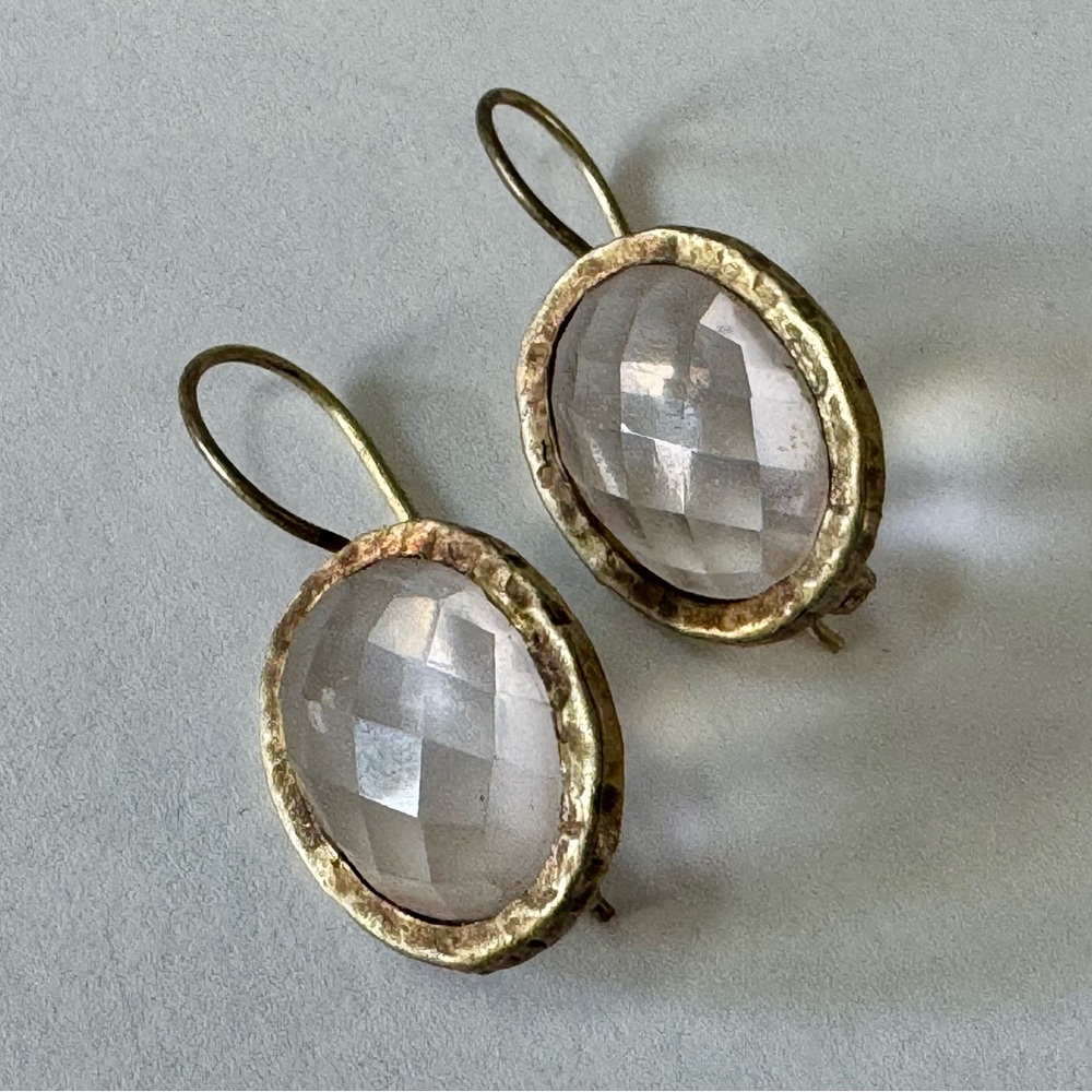 Antique Gold 925 Sterling with Faceted Rose Quartz Stone Drop Earrings Vintage